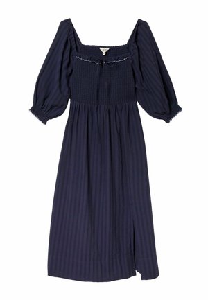 Navy blue midi dress with puffed three-quarter sleeves, smocked square neckline, subtle vertical stripes, and side slit.