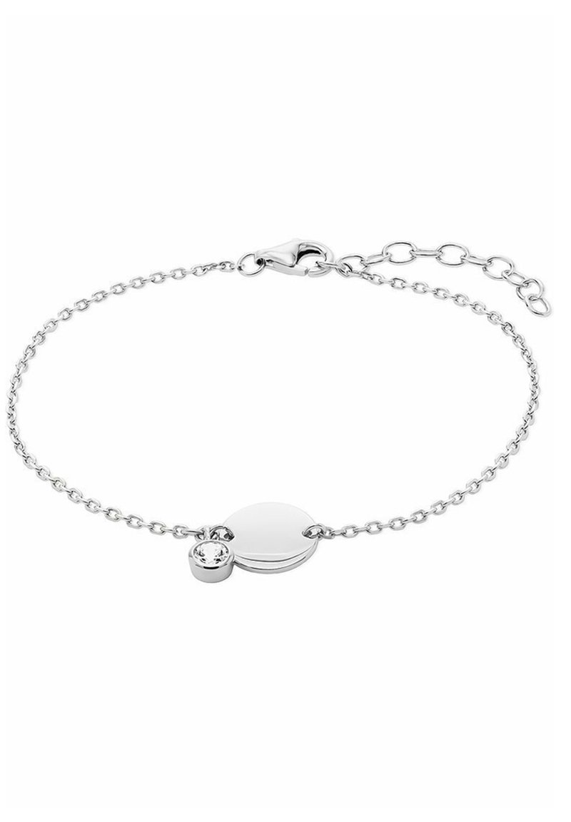 Bracciale in argento con un charm circolare dalla superficie lucida e una piccola pietra decorativa, fissato con un gancio a moschettone.