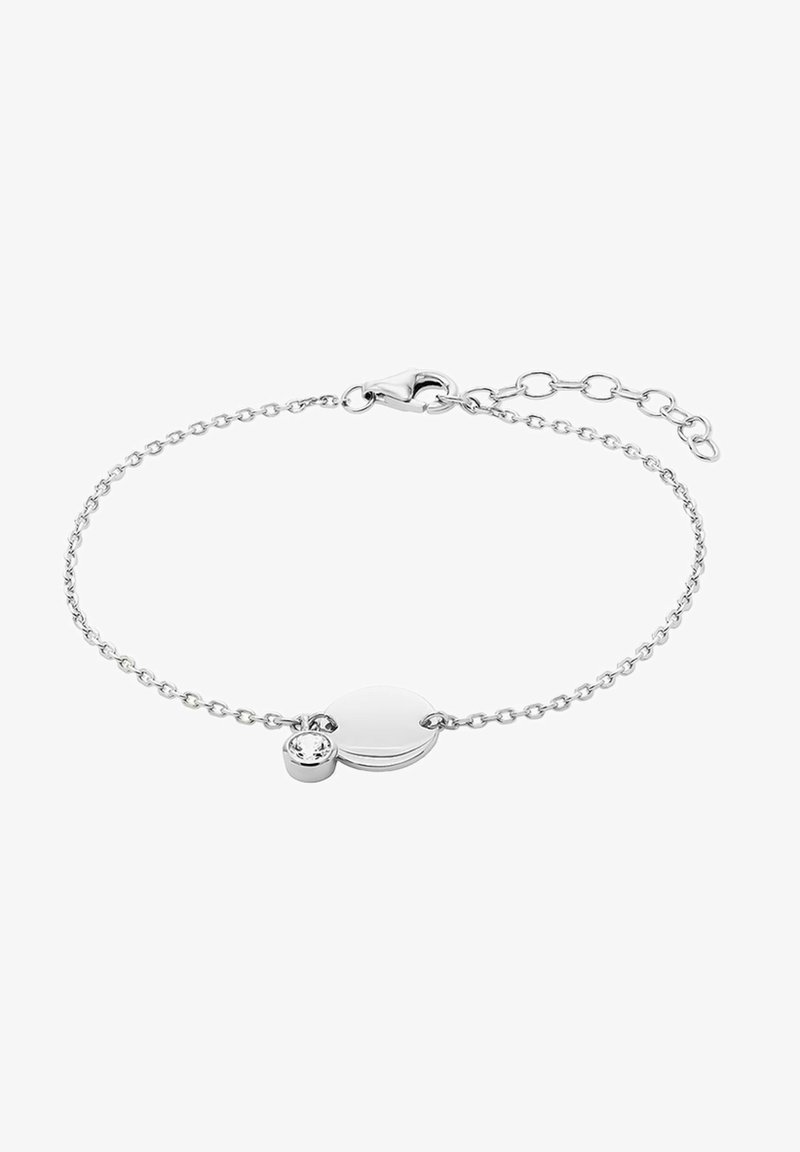 Bracciale in argento con un charm circolare dalla superficie lucida e una piccola pietra decorativa, fissato con un gancio a moschettone.