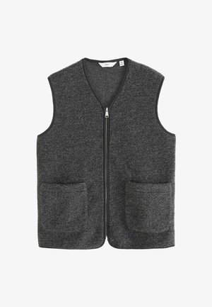 Hall võtmeta grå vest, mis on valmistatud pehmest kangast, esiküljel on tõmblukk ja kaks suurt esikotti. Servadel on must ääristus detailideks.