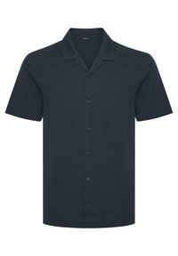 Kortärmad marinblå skjorta med krage, knapplist framtill och slät yta. Minimalistisk stil utan mönster eller detaljer.