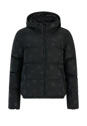 Veste rembourrée noire avec un motif d'étoiles, dotée d'une fermeture éclair, d'une capuche et de poignets élastiques. Fabriquée en matériau léger et isolant.