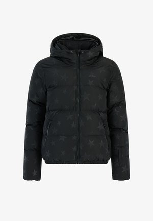Veste rembourrée noire avec un motif d'étoiles, dotée d'une fermeture éclair, d'une capuche et de poignets élastiques. Fabriquée en matériau léger et isolant.