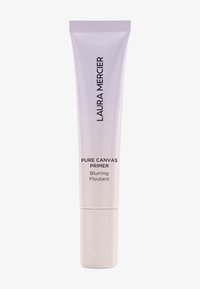 Primer i en strømlinjeformet, gradient lilla tube med hvid bund. Har sort tekst, der mærker "Laura Mercier" og "Pure Canvas Primer."
