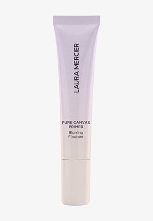 Primer in un elegante tubetto viola sfumato con base bianca. Presenta testo nero con l'etichetta "Laura Mercier" e "Pure Canvas Primer."