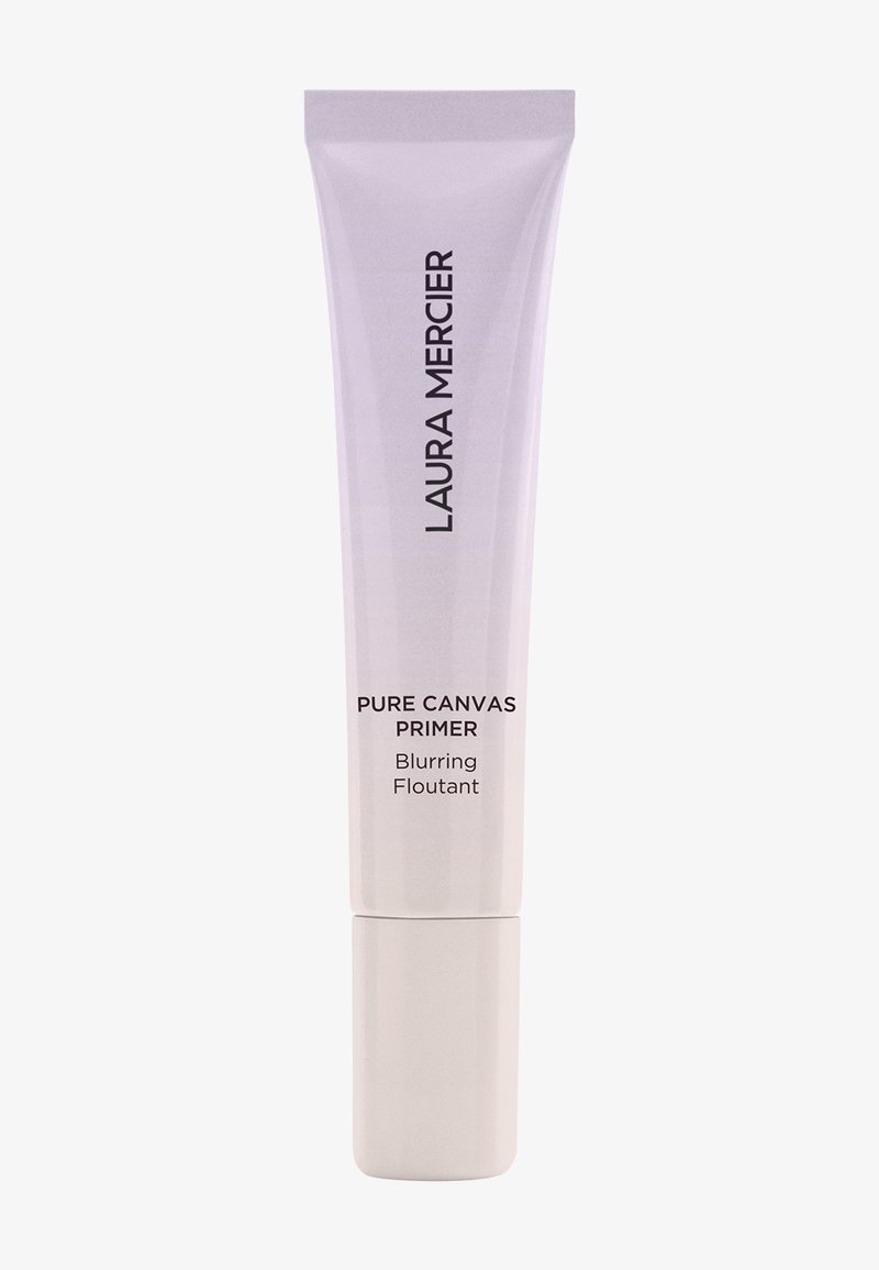 Primer i en strømlinjeformet, gradient lilla tube med hvid bund. Har sort tekst, der mærker "Laura Mercier" og "Pure Canvas Primer."