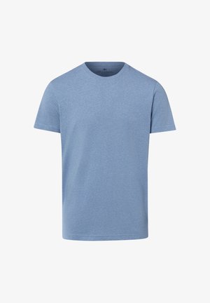 Schlichtes hellblaues T-Shirt mit kurzen Ärmeln und Rundhalsausschnitt, von vorne gezeigt.