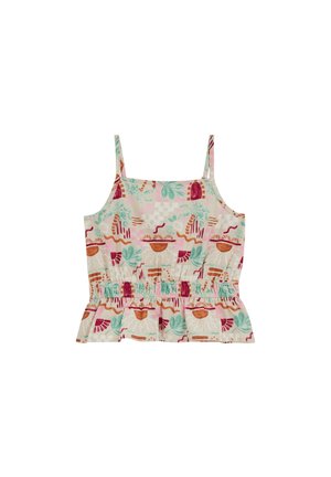 Bezruký krátky top s tenkými ramienkami, elastickým pásom, volánovým lemom a farebnými abstraktnými kvetinovými a geometrickými vzormi v červenej, zelenej a ružovej farbe.