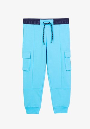 Pantaloni jogger cargo azzurri chiaro con polsini elasticizzati, vita blu navy con scritta "Bugatti" e coulisse blu navy in vita.