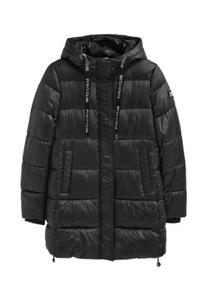 Czarna pikowana kurtka puchowa z kapturem, z przodu kieszenie oraz sznurki do regulacji. Wykonana z lekkiego, błyszczącego materiału.