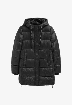Zwarte gewatteerde parka met capuchon, doorgestikte textuur, voorzakken en trekkoorddetails. Gemaakt van lichtgewicht, glanzend materiaal.