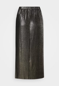 Sorte metalliske plisserede wide-leg bukser med elastisk talje, præsenteret på en ensfarvet hvid baggrund.