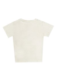 Krämfärgad bomullströja med kort ärm och rund halsringning, med en slät textur och en enkel baksidesdesign.