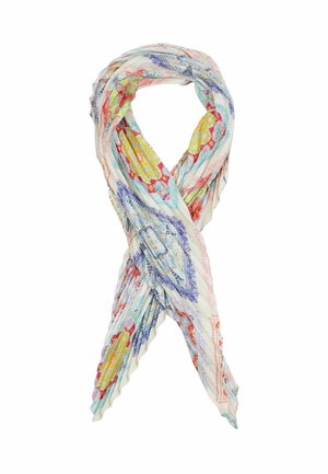 Lightweight scarf with multicolored geometric and floral patterns in red, blue, yellow, and green on a white background, loosely knotted.
