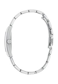 Montre en métal argenté avec un bracelet à maillons. Boîtier rond avec couronne, texture lisse et finition polie.