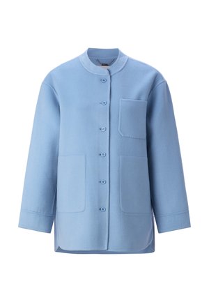 Light blue fleece jacket with a rounded collar, front buttons, two large front pockets, and a slight hem at the bottom. Soft texture.