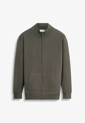 Olijfgroene zip-up sweatshirt van textuurstof, met een hoge kraag en twee frontzakken met ribgebreide boorden en onderrand.