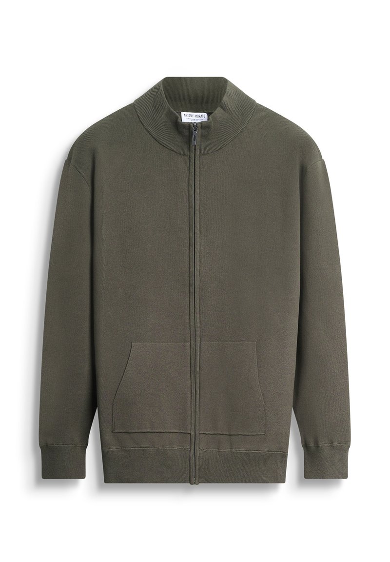 Olijfgroene zip-up sweatshirt van textuurstof, met een hoge kraag en twee frontzakken met ribgebreide boorden en onderrand.