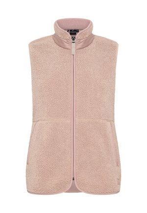 Vaaleanpunainen hihoeton fleece-liivi, jossa on vetoketju edessä, korkea kaulus ja kaksi etutaskua, valmistettu pehmeästä, teksturoidusta materiaalista.