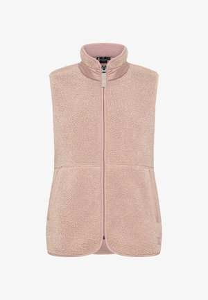 Lichtroze mouwloos fleecevest met rits aan de voorkant, hoge kraag en twee voorzakken, gemaakt van zacht, gestructureerd materiaal.
