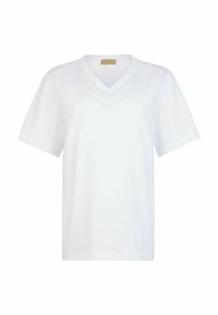 Hvid kortærmet V-hals t-shirt med en glat tekstur og dekorativ syning langs halsudskæringen. Enkel og minimalistisk design.