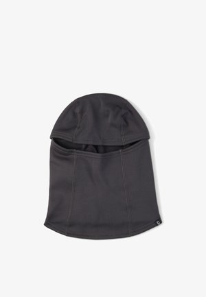 Sort balaclava med synligt syning og foldet åbning til ansigtet, lagt fladt på hvid baggrund.