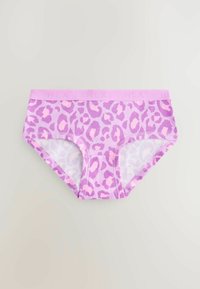 Mutande a stampa leopardata viola con una morbida fascia elastica in vita. Presentano una combinazione di macchie rosa chiaro e viola scuro su una base pastello.