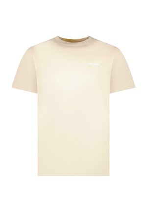 Beige T-shirt met korte mouwen en een ronde hals, met een klein wit tekstlogo op de linkerborst, afgebeeld op een witte achtergrond.