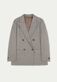 Dubbelt knäppt blazer i grått rutmönster med svarta knappar. Framträdande egenskaper inkluderar breda slag och två frampockets. Fodrad insidan.