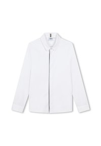 Camicia bianca a maniche lunghe in tessuto morbido, con colletto classico, apertura frontale e piping nero a contrasto lungo il centro.
