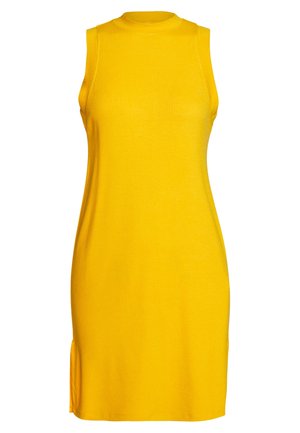 Vestito giallo senza maniche a coste, lunghezza al ginocchio, con collo alto rotondo e piccola spacco laterale.