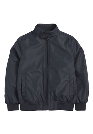 Veste bomber bleu marine en tissu lisse et léger. Dotée d'une fermeture éclair à l'avant, d'un col à pression et de poignets et ourlet élastiqués.