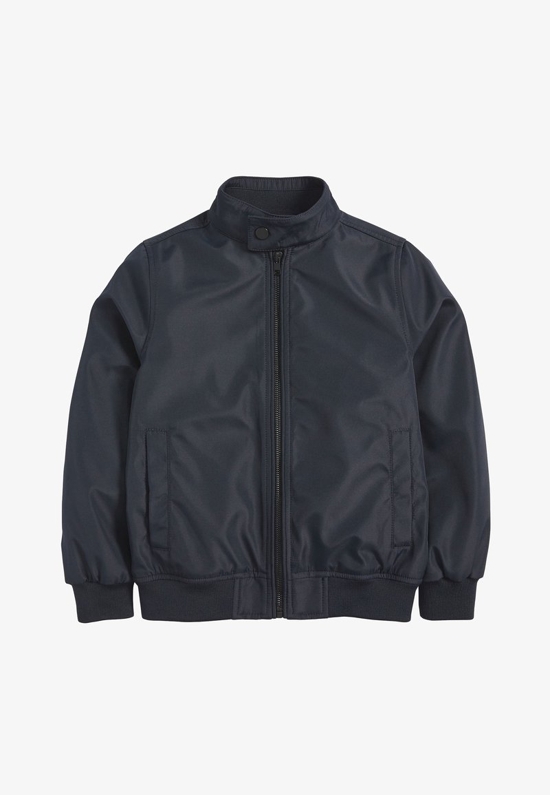 Veste bomber bleu marine en tissu lisse et léger. Dotée d'une fermeture éclair à l'avant, d'un col à pression et de poignets et ourlet élastiqués.