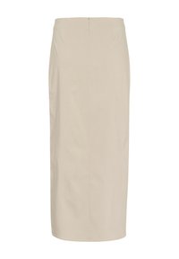 Beige pencil skirt made of smooth fabric, featuring a rear zipper, knee-length design, and clean lines with no visible patterns or accents.