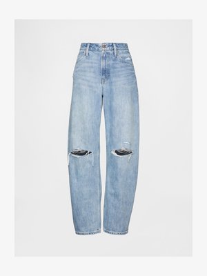 Light blue denim high-waisted jeans with a relaxed fit. Features distressed details with two knee rips and straight legs.