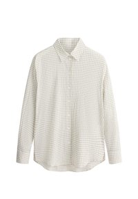 Chemise à manches longues boutonnée avec un petit motif à carreaux en beige clair et fines lignes sombres, dotée d’un col classique et d’un ourlet arrondi.