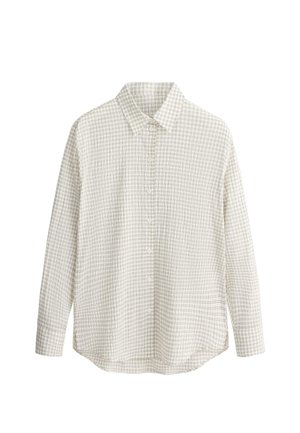 Langärmliges Hemd mit Knopfleiste und kleinem kariertem Muster in Hellbeige und dünnen dunklen Linien, mit klassischem Kragen und abgerundetem Saum.