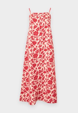 Sleeveless A-line dress with thin straps, featuring a red floral pattern on a light beige background.