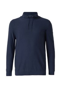 Marineblauer Pullover mit hohem Kragen, Kordelzug und langen Ärmeln. Glatte Textur mit gerippten Bündchen und Saum. Einfaches, minimalistisches Design.