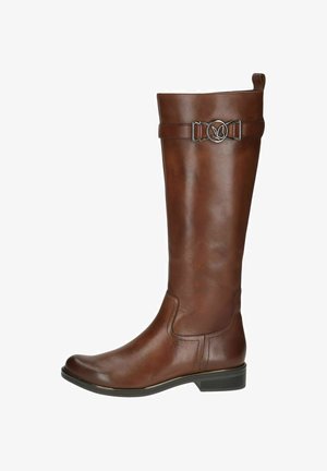 Brown leather knee-high boots with a rounded toe, a flat heel, and a decorative silver buckle. Smooth texture with minimal stitching detail.