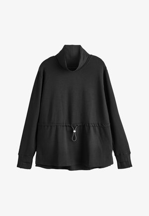 Czarny sweter z długim rękawem, z wysokim kołnierzem i regulowanym sznurkiem w talii, z szerokimi mankietami i luźnym krojem.