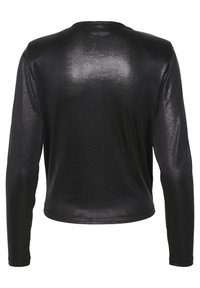 Maglia nera a maniche lunghe realizzata in materiale lucido e elasticizzato; presenta un collo rotondo e una superficie liscia e riflettente.