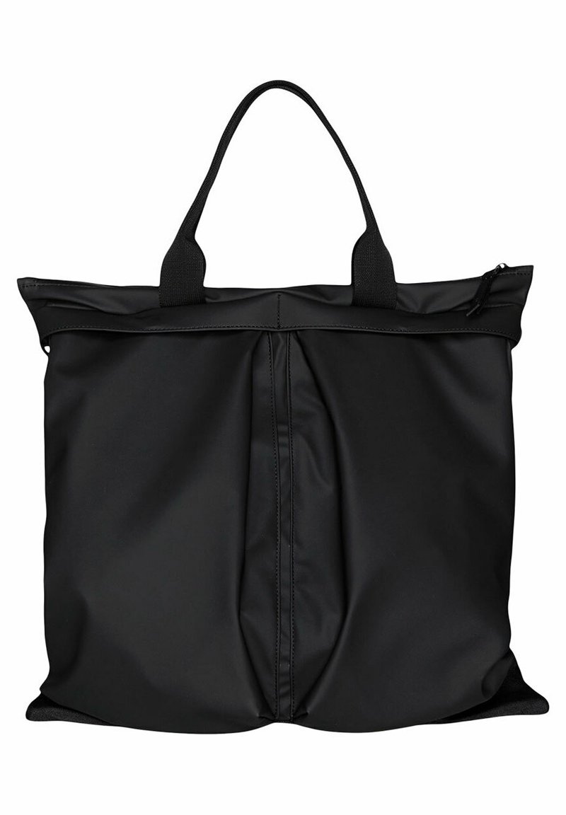 Grand sac fourre-tout noir en matériau durable, doté de deux poignées et d'une fermeture éclair. Le design comprend des détails de couture subtils.