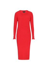 Abito rosso a coste con maniche lunghe, polsini scallopati e dettagli con bottoni. Vestibilità slim e lunghezza al ginocchio.