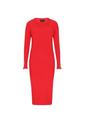 Piros bordázott kötött ruha hosszú ujjal, fodros mandzsettával és gombos díszítéssel. Karcsú fazon és térdig érő kialakítás.