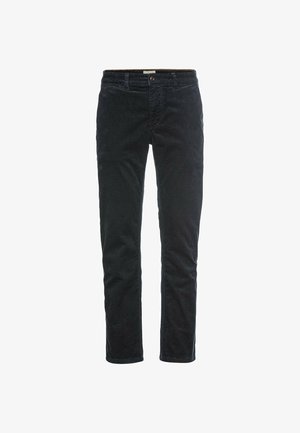 Dunkelblaue Baumwollcordhosen im Slim Fit mit klassischem Fünf-Taschen-Design, Reißverschluss und einem einzelnen Knopfverschluss.
