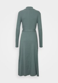 Pitkähihaisen, nilkkapituisen hillityn vihreän mekon, jossa on korkea kaulus ja siihen sopiva vyö, takaa näkymä yksinkertaisella valkoisella taustalla.