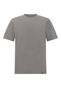 T-shirt gris à manches courtes en coton doux. Caractérisé par un col rond et une petite étiquette de marque en bas à gauche. Texture lisse et coupe décontractée.