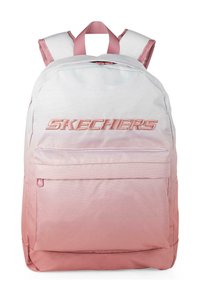 Mochila de tela con degradado en rosa y blanco, con correas ajustables, bolsillo frontal con cremallera y logotipo "SKECHERS" en lettering en relieve.