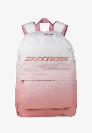 Mochila de tela con degradado en rosa y blanco, con correas ajustables, bolsillo frontal con cremallera y logotipo "SKECHERS" en lettering en relieve.